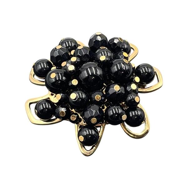 Trina Turk Signed Designer Black Beaded Gold Plated Large Cluster Brooch